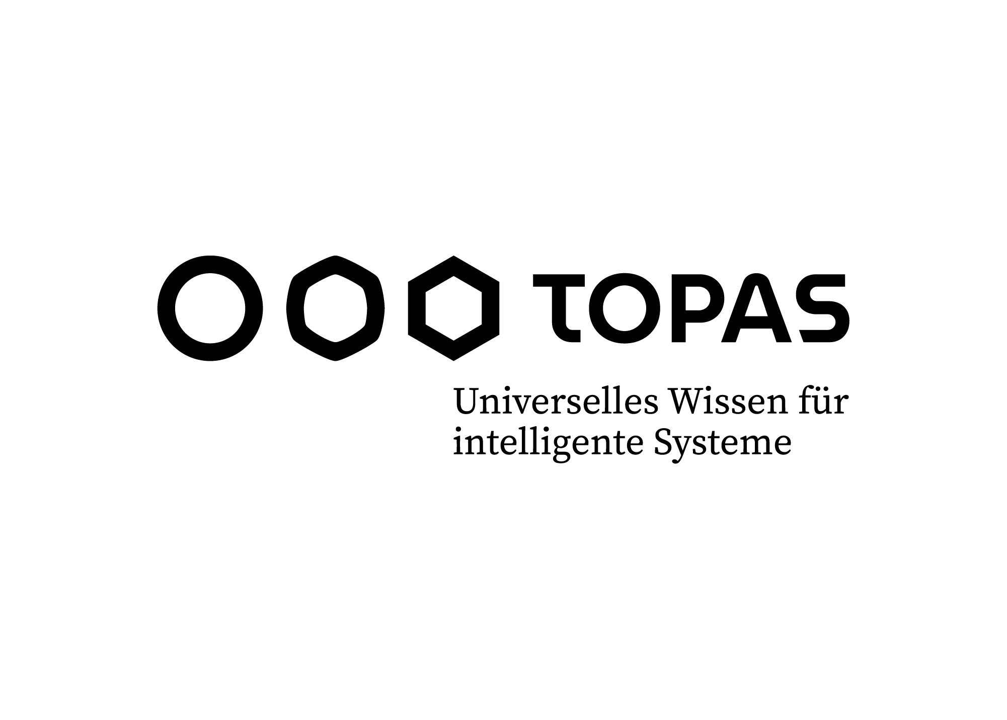Logo von TOPAS. Links drei stilisierte Symbole: ein Kreis, ein abgerundetes Sechseck und ein regelmäßiges Sechseck. Rechts daneben steht in schwarzer, moderner Schrift der Schriftzug „TOPAS“. Darunter in Serifenschrift der Slogan: „Universelles Wissen für intelligente Systeme“. Schwarzer Text auf weißem Hintergrund.