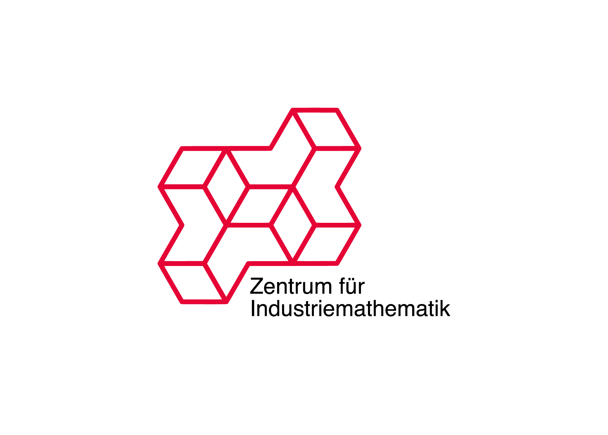 Logo des Zentrums für Industriemathematik. Links ist eine geometrische, rot umrandete Struktur aus sechseckigen Würfeln in isometrischer Perspektive dargestellt. Rechts daneben steht der Text „Zentrum für Industriemathematik“ in schwarzer Schrift auf weißem Hintergrund.